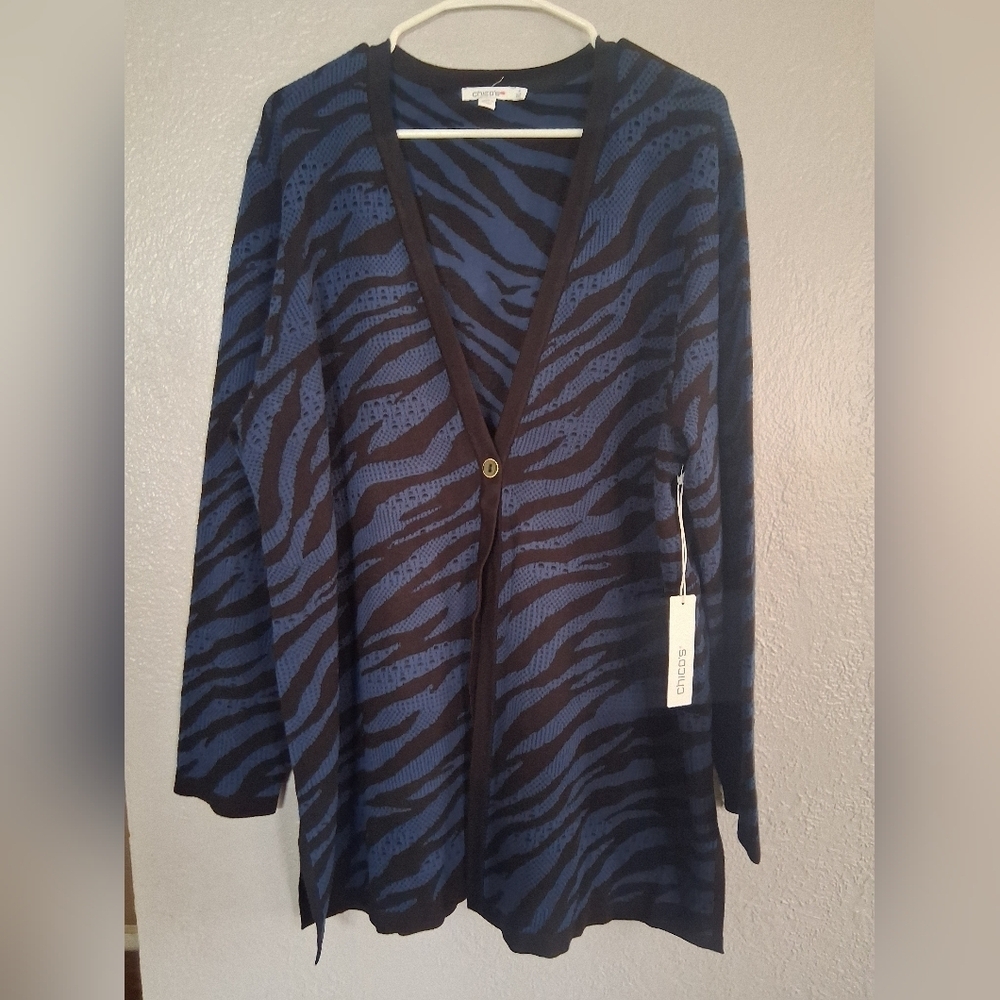 Chico's NWT Cool Zebra Cardigan Azores Blue 4/XXL
